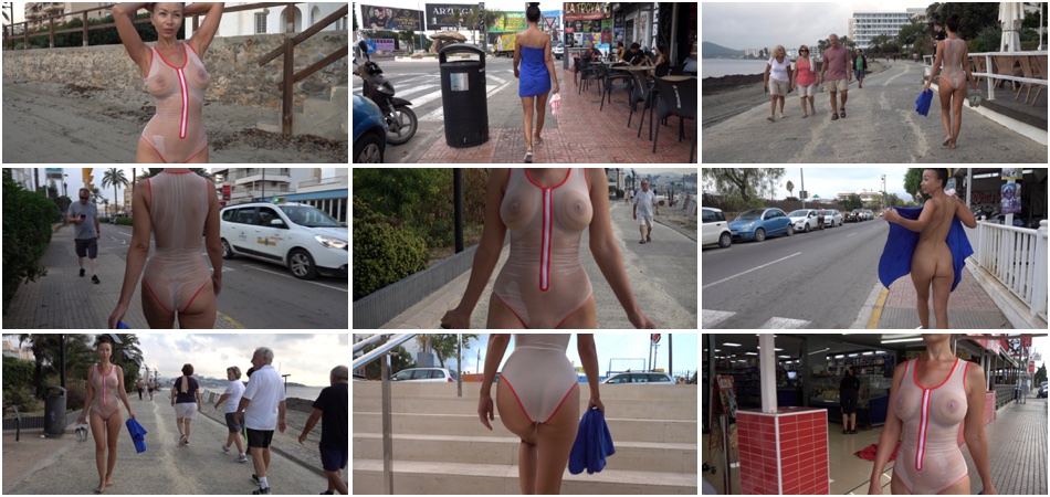 Wet sheer swimsuit in public